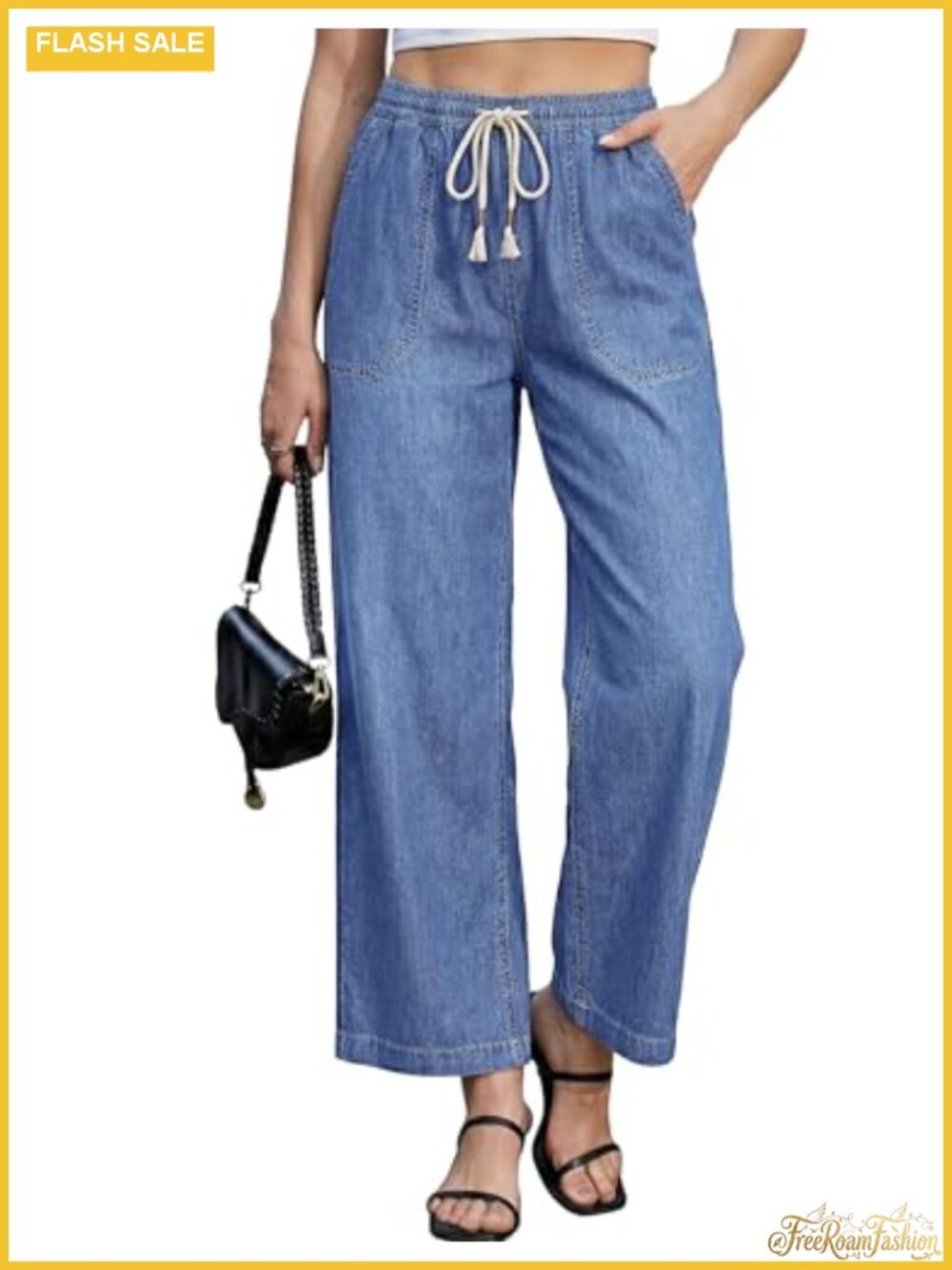 High Waisted Wide Leg Jeans Women Pull On Elastic Waist Ankle Length Denim
